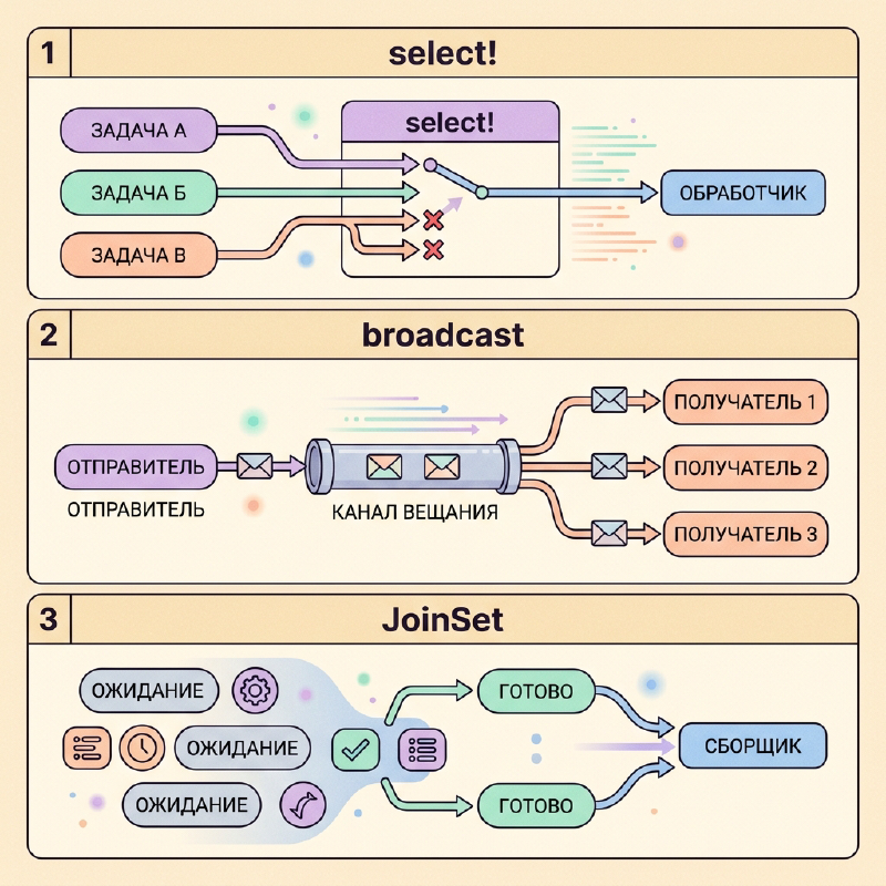Схемы работы select!, broadcast и JoinSet